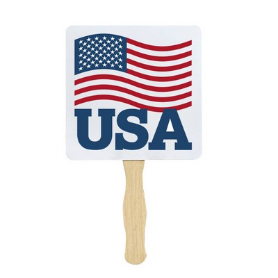 8" Square Shape Sandwich Hand Fans With Wooden Stick Handle